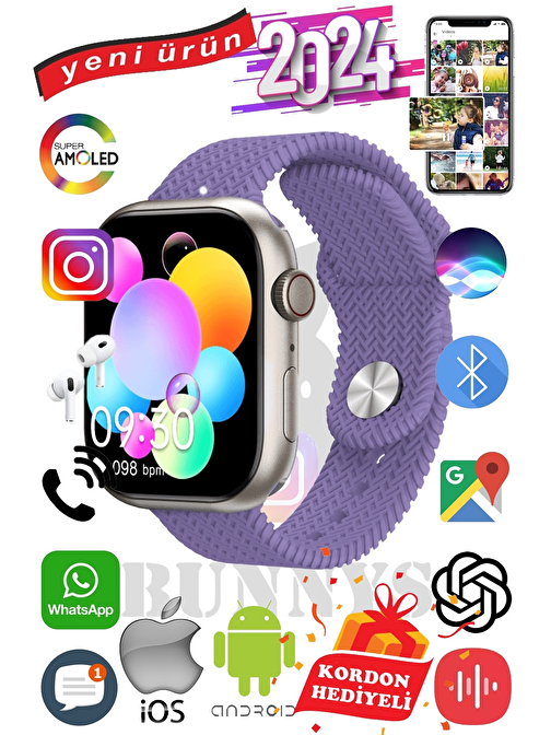 Huawei P20 Lite Uyumlu Akıllı Saat Watch 9 Max+2024 45mm Kordon Hediyeli Amoled Ekran