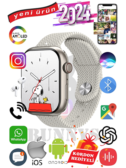 Samsung Galaxy Z Flip Uyumlu Akıllı Saat Watch 9 Max+2024 45mm Kordon Hediyeli Amoled Ekran