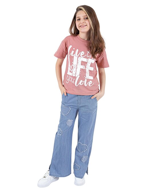 Kız Çocuk Life Yazı Desenli Kalp Detaylı Gül Kurusu Tişört Pantolon Takımı
