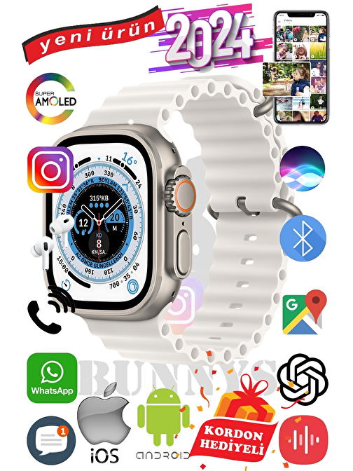 Akıllı Saat Apple iPhone 12 Pro Max Uyumlu ULTRA MAX 2024 Kordon Hediyeli Amoled Ekran