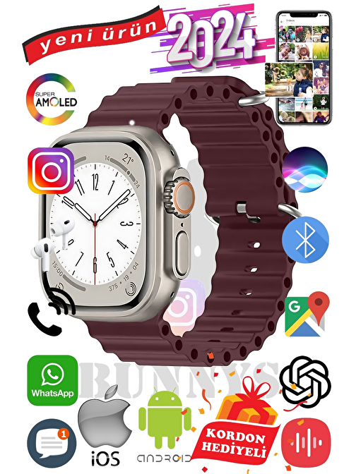 Akıllı Saat Apple iPhone 13 Uyumlu ULTRA MAX 2024 Kordon Hediyeli Amoled Ekran