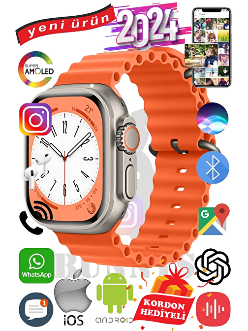 Akıllı Saat Apple iPhone 14 Plus Uyumlu ULTRA MAX 2024 Kordon Hediyeli Amoled Ekran