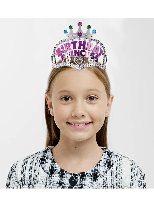 Himarry Gümüş Renk Taç Üzeri Pembe Birthday Prenses Yazılı Çocuk Parti Tacı 11X12 cm
