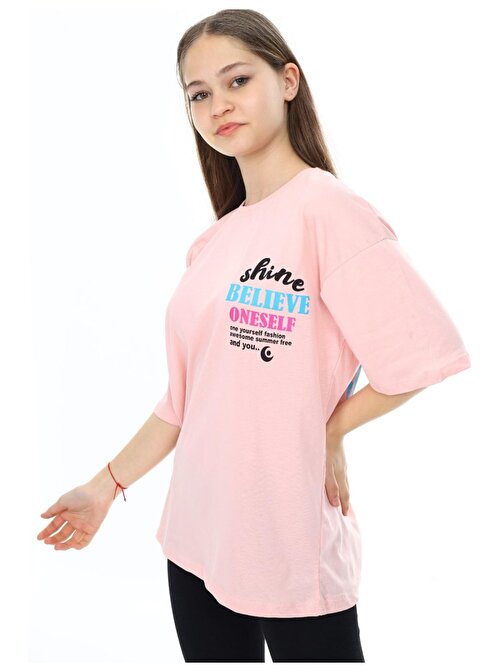 Kız Çocuk Shine Believe Önü Arkası Yazı Resim Desenli Likralı Oversize Pudra Renk Tişört