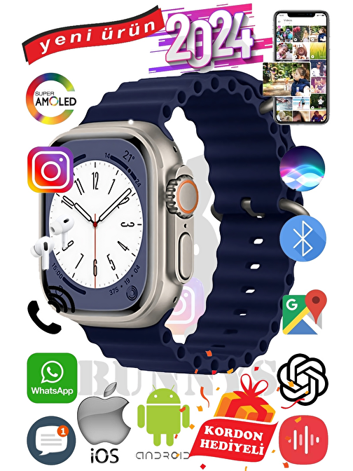 Akıllı Saat Oppo A55 Uyumlu ULTRA MAX 2024 Kordon Hediyeli Amoled Ekran