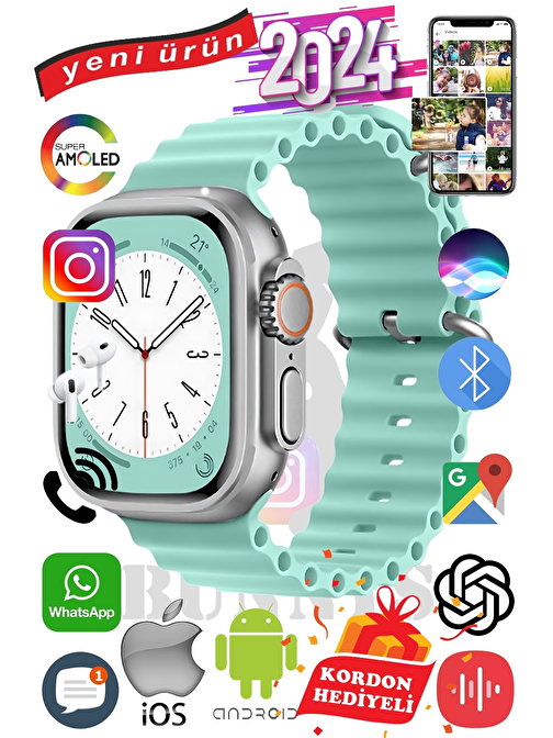 Akıllı Saat Xiaomi Akıllı Saat Redmi Note 8 Uyumlu ULTRA MAX 2024 Kordon Hediyeli Amoled Ekran
