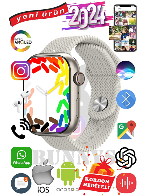 Akıllı Saat Samsung Galaxy M31 Prime Uyumlu Watch 9 Max+2024 45mm Kordon Hediyeli Amoled Ekran