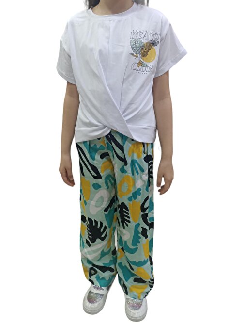Kız Çocuk Çift Taraf Beach Club Desenli Önü Büzgülü Renkli Pantolonlu Beyaz Renk
