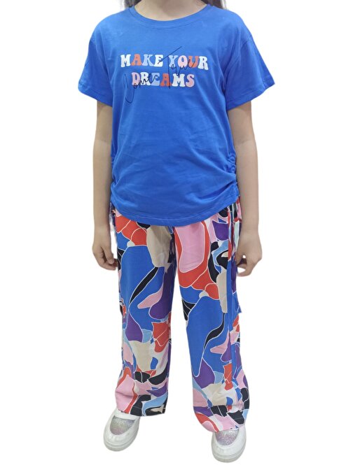Kız Çocuk Make Your Dreams Yazı Desenli Tişörtü Yanlardan Büzgülü Mavi Renk Pantolonlu Takım