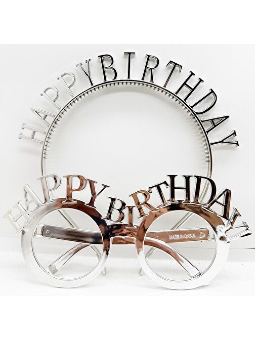 Happy Birthday Yazılı Taç ve Happy Birthday Yazılı Gözlük Seti Gümüş Renk