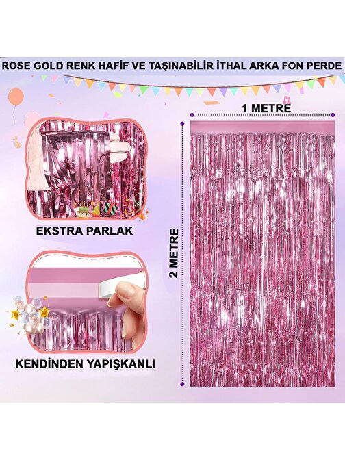 Rose Gold Renk Ekstra Metalize Parlak Saçaklı Arka Fon Perde İthal A Kalite 1x2 Metre