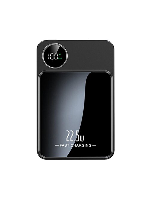 NF20 10.000 mAh Dijital Göstergeli 22.5W PD Hızlı Şarj ve 15W Kablosuz Şarjlı Mini Powerbank - Siyah
