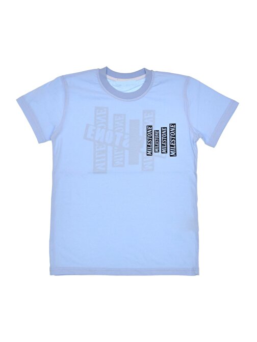Kız Çocuk /Erkek Çocuk Önü Arkası Milestone Yazı Desenli Likralı Açık Mavi Tişört
