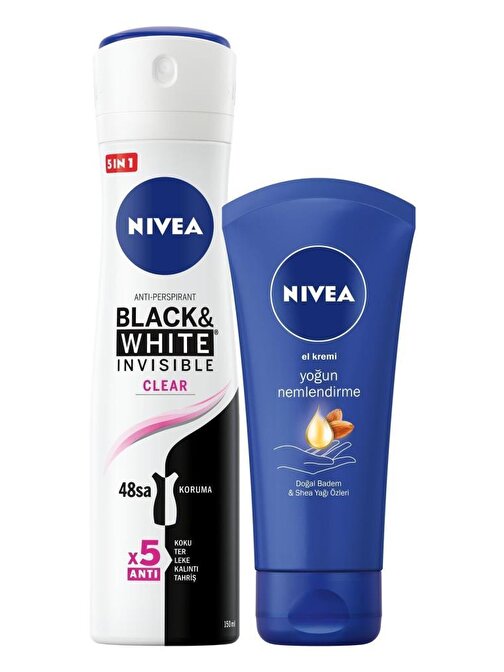 Nivea B&W Clear Kadın Sprey Deodorant 150 ml + Nivea Nemlendirici El Bakım Kremi 75 ml