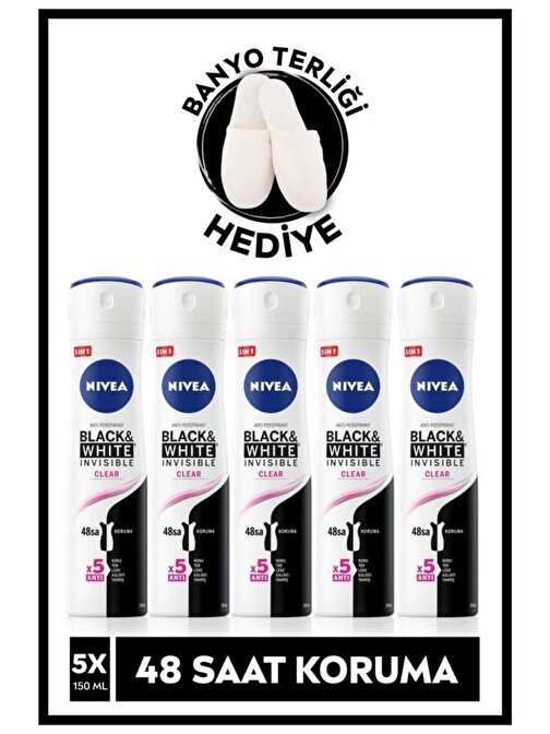 Nivea Kadın Sprey Deodorant Black&White Invisible Clear 48 Saat Anti-perspirant Koruma 150ml x 5 Adet