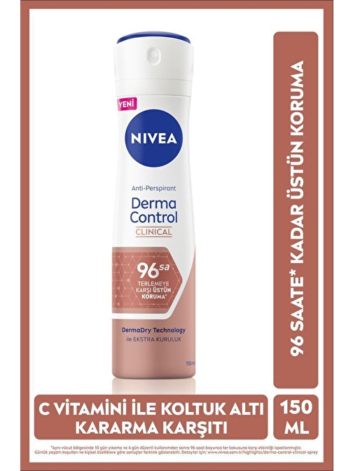 Kadın Sprey Deodorant Derma Control Clinical 150ml, C Vitamini ile Koltuk Altı Kararma Karşıtı