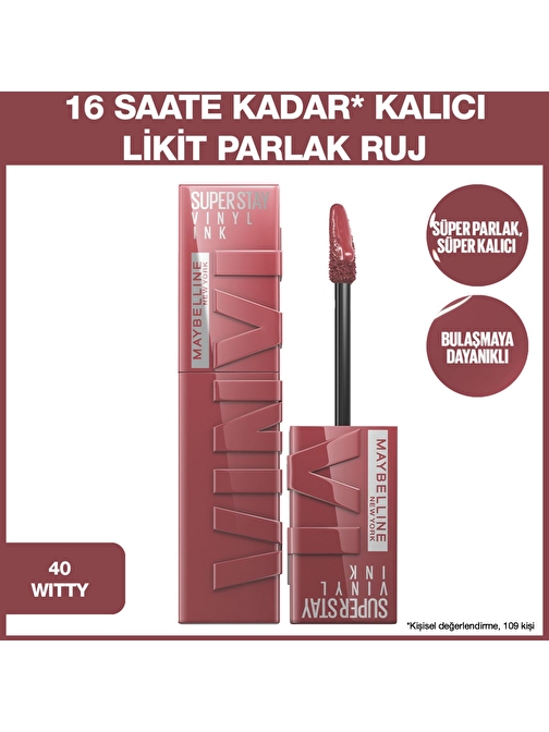 Maybelline New York Super Stay Vinyl Ink Uzun Süre Kalıcı Likit Parlak Ruj 40 Witty