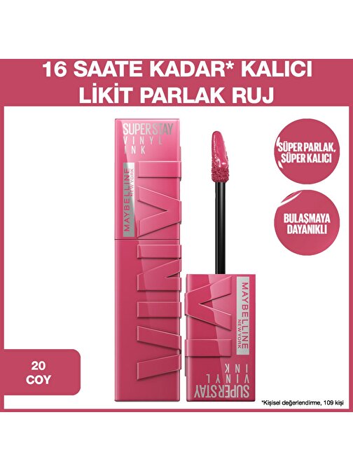 Maybelline New York Super Stay Vinyl Ink Uzun Süre Kalıcı Likit Parlak Ruj 20 Coy