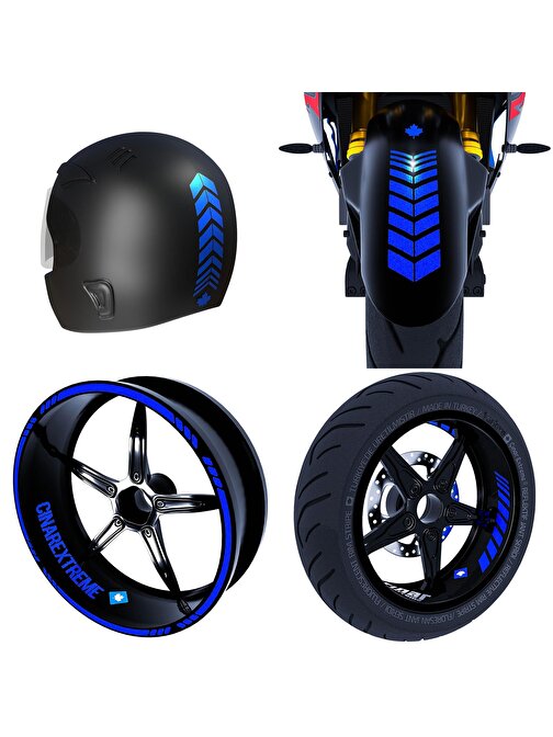 Moto Rider 4'lü Sticker Seti Reflektif Mavi İç Dış Jant Şeridi Kask ve Çamurluk Çınar Extreme 