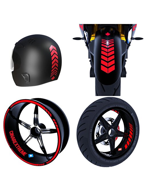 Moto Rider 4'lü Sticker Seti Reflektif Kırmızı İç Dış Jant Şeridi Kask ve Çamurluk Çınar Extreme 