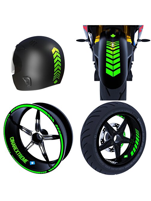 Moto Rider 4'lü Sticker Seti Floresan Yeşil İç Dış Jant Şeridi Kask ve Çamurluk Çınar Extreme 