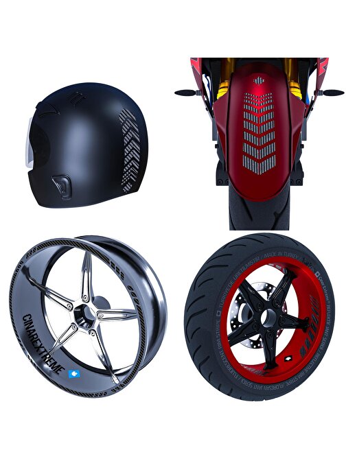 Moto Rider 4'lü Sticker Seti Siyah Karbon Fiber Dokulu İç Dış Jant Şeridi Kask ve Çamurluk Çınar Extreme 