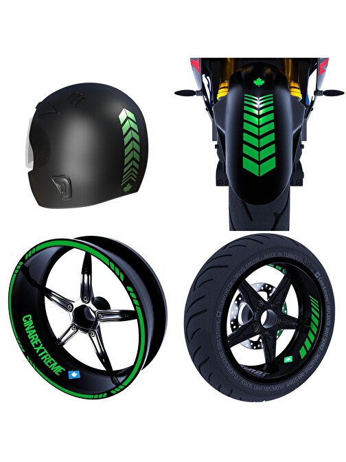 Moto Rider 4'lü Sticker Seti Orman Yeşili İç Dış Jant Şeridi Kask ve Çamurluk Çınar Extreme 