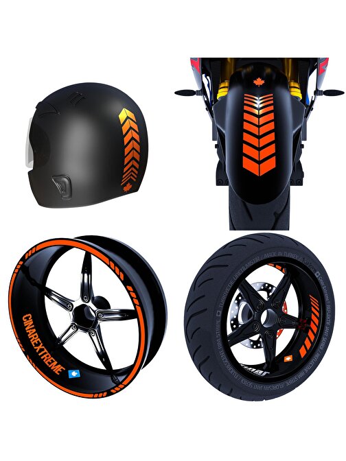 Moto Rider 4'lü Sticker Seti Alev Turuncu İç Dış Jant Şeridi Kask ve Çamurluk Çınar Extreme 