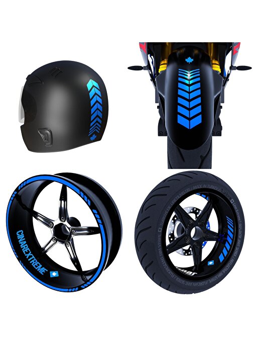 Moto Rider 4'lü Sticker Seti Azur Mavi İç Dış Jant Şeridi Kask ve Çamurluk Çınar Extreme 