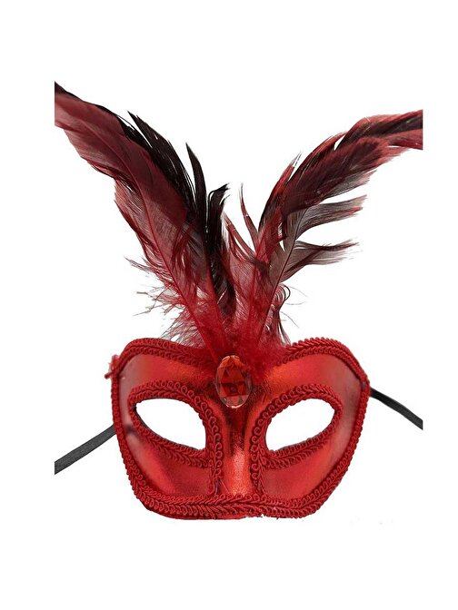 Kırmızı Renk Rugan Kaplama Kırmızı Tüylü Parti Maskesi 18x20 cm