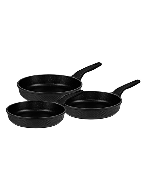 OMS 3737 Fry Pan Döküm Granit 3 Parça Tava Seti Siyah (20-24-28 cm)