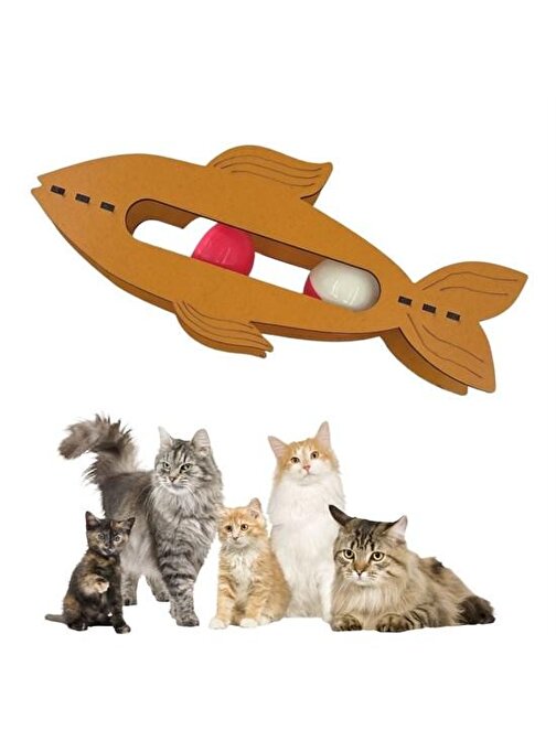 Kediler İçin Ahşap 2 Toplu Eğimli  Sevimli Balık Şeklinde Eğitim Amaçlı Oyuncak (3877)