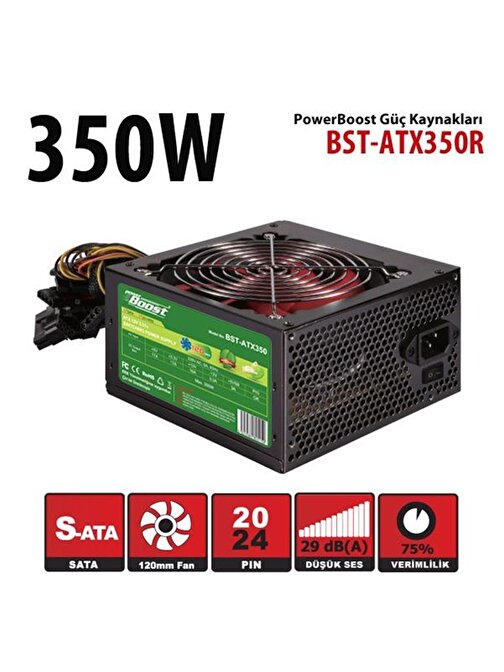 PowerBoost BST-ATX350R 350w, PPFC 12cm Kırmızı Fanlı ATX PSU (Retail Box)