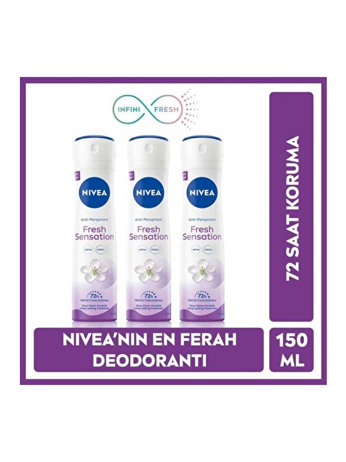 Nivea Fresh Sensation Kadın Sprey Deodorant 150 Ml,72 Saat Anti-perspirant Koruma,uzun Süren Ferahlık X3