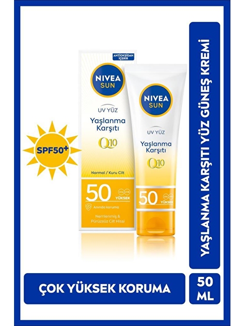 NIVEA SUN Yaşlanma Karşıtı Yüz Kremi 50ml, SPF50, Yüksek Güneş Koruyucu, Kırışıklık Görünümü Engelleyici