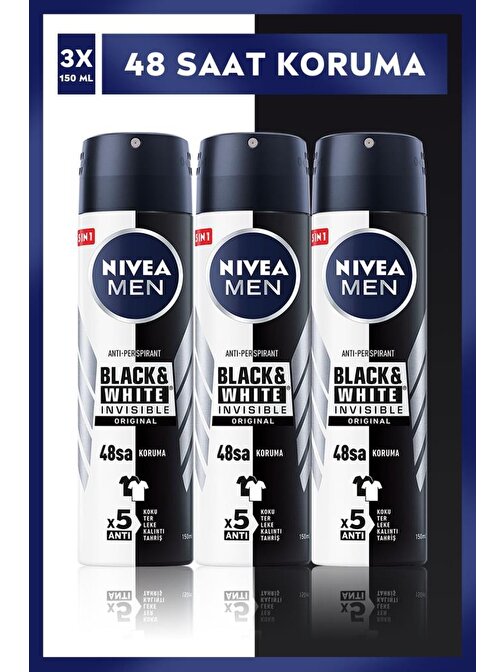 Nivea Invısıble Black&Whıte Orıgınal Power Sprey Deodorant 150Ml Erkek 3'Lü Paket