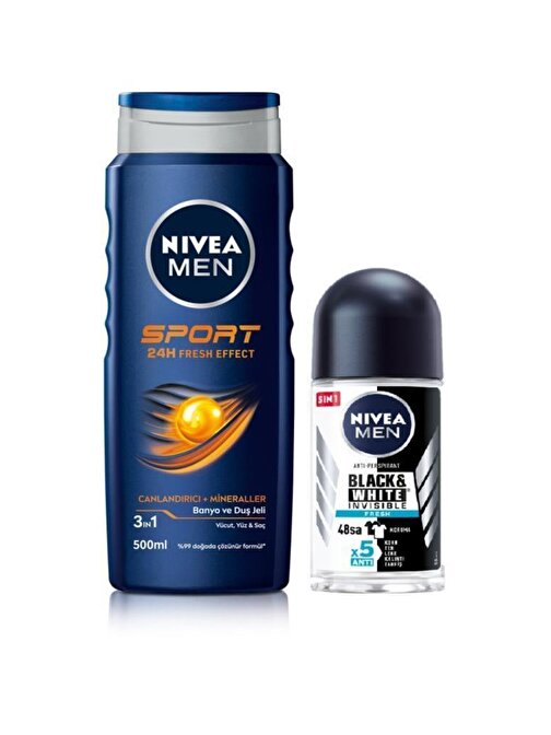 Nivea Men Sport Duş Jeli 500 ML + Invisible Black&White Fresh Erkek Roll-On Deodorant 50 ML