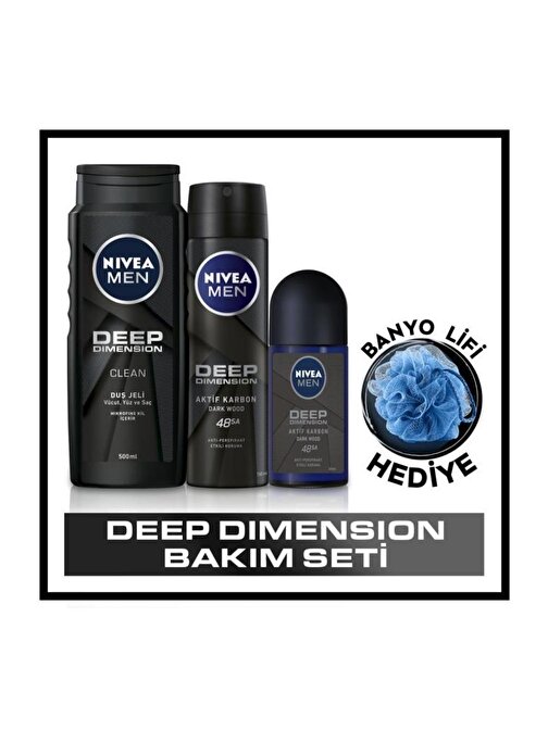 Nivea Men Deep Dimension Duş Jeli 500 ml + Sprey Deodorant 150 ml + Roll-On Deodorant 50 ml + Banyo Lifi