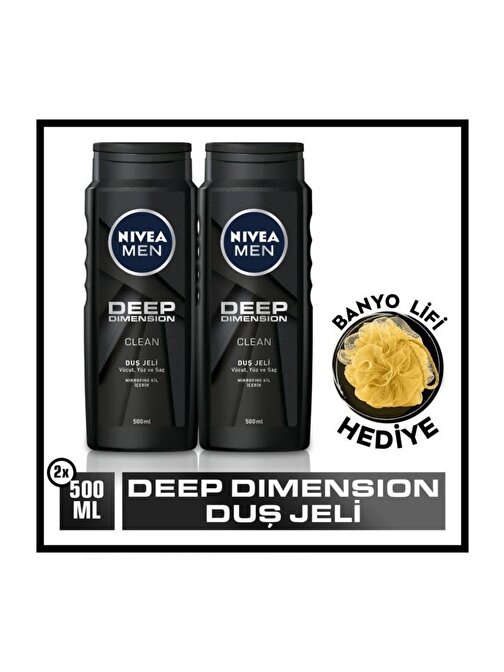 Nivea Men Deep Dimension Duş Jeli, 500mlx2  + Banyo Lifi