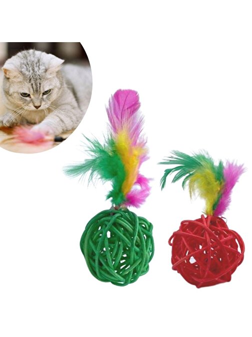 nefertiya 2li Rattan Renkli Peluş Tüy Kedi Köpek Oyuncak Yakalama Çiğneme Çıngıraklı Top Oyuncağı