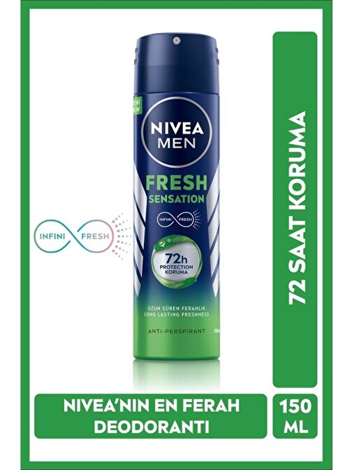 NIVEA Men Fresh Sensation Sprey Deodorant 150 ml,72 Saat Anti-perspirant Koruma,Uzun Süren Ferahlık
