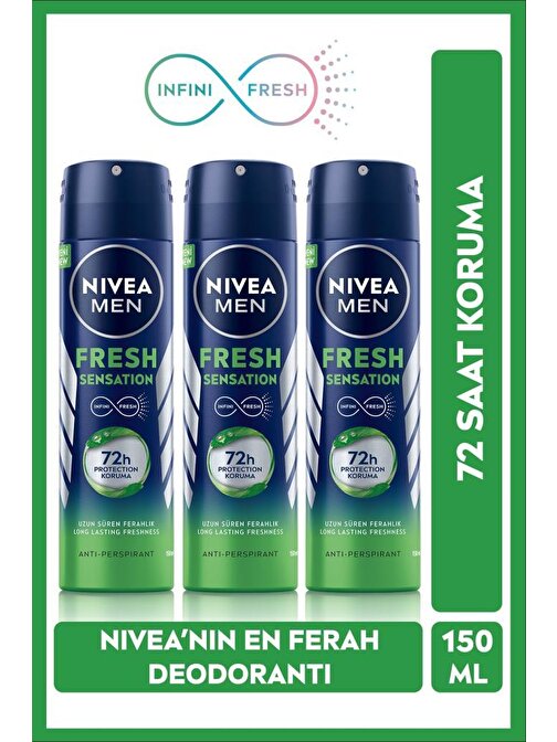 Nivea Men Fresh Sensation Sprey Deodorant 150 Ml X3,72 Saat Anti-perspirant Koruma,uzun Süren Ferahlık