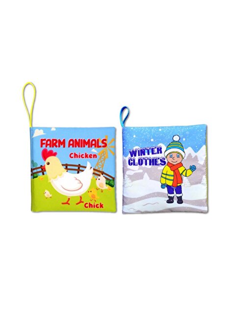 2 Kitap Tox İngilizce Çiftlik Hayvanları ve Kışlık Giysiler Kumaş Sessiz Kitap E124 E119 - Bez Kitap , Eğitici Oyuncak , Yumuşak ve Hışırtılı