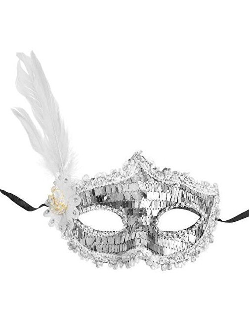 Gümüş Payetli Pullu Beyaz Renk Yandan Tüylü Parti Maskesi 18x22 cm