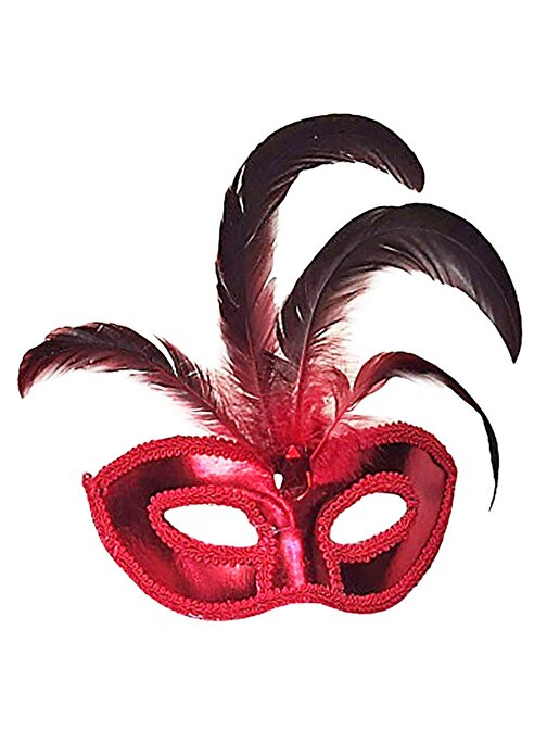 Kırmızı Renk Rugan Kaplama Kırmızı Tüylü Parti Maskesi 18x20 cm