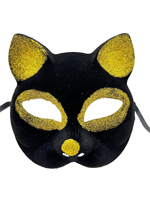 Siyah Renk Gold Simli Süet Kaplama Kedi Maskesi 18x14 cm