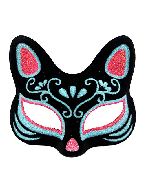 Siyah Renk Süet Kaplama Üzeri Mavi Kırmızı Simli Kedi Maskesi 17x14 cm