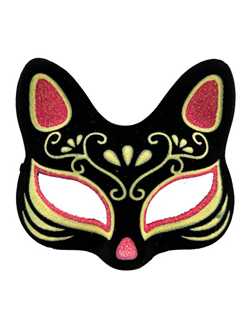 Siyah Renk Süet Kaplama Üzeri Kırmızı Sarı Simli Kedi Maskesi 17x14 cm