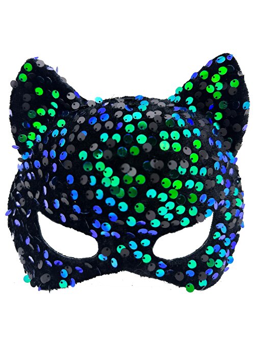 Siyah Kadife Kumaş Üzerine Mavi Yeşil Payetli Pullu Parti Maskesi 16x14 cm