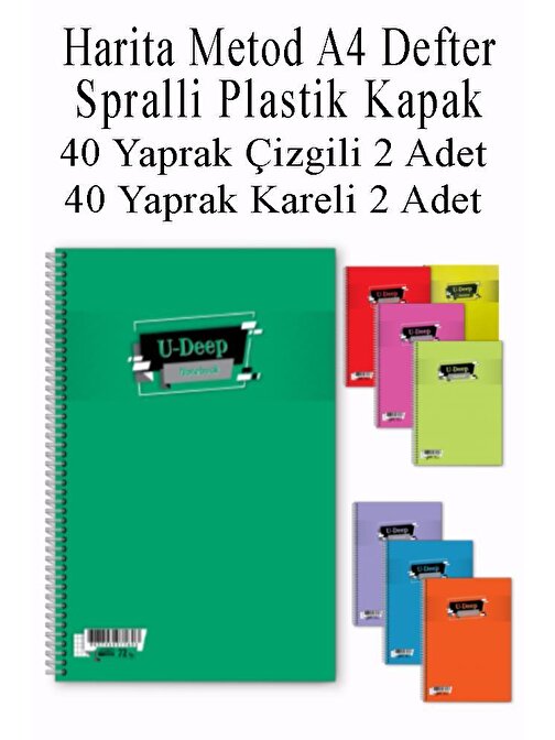 A4 Okul Defteri Spiralli Plastik Kapak 40 Yaprak Çizgili 2 Adet ve 40 Yaprak Kareli 2 Adet Spralli Harita Metod